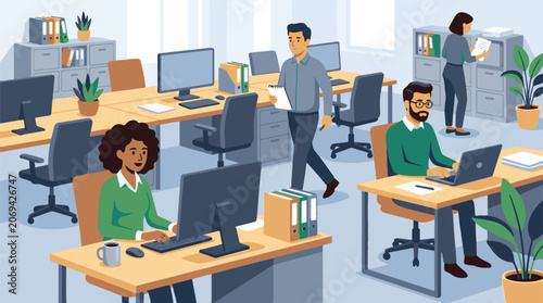 A busy office scene with people working on computers