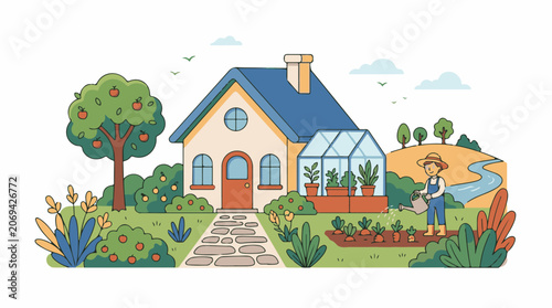 A charming house with blue roof and garden and farmer