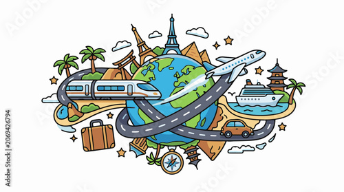A colorful cartoon illustration of a globe surrounded by various travel-related icons