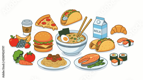 A colorful digital illustration of various food items arranged on a plain white background