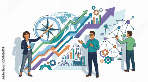 A colorful infographic with three business professionals discussing growth charts and graphs