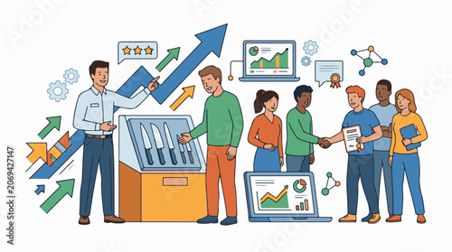 A diverse team collaborates around a knife block with laptops and growth charts