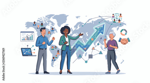 A diverse group of professionals discuss business growth and strategy on a world map