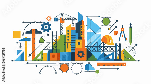 Colorful geometric shapes and construction symbols arranged