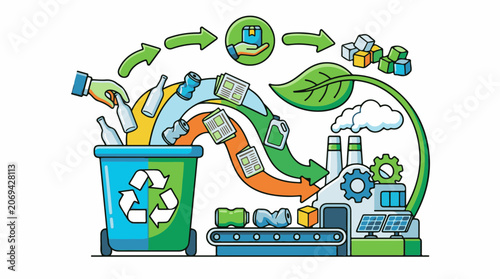 Recycling process concept with trash can and industrial machinery