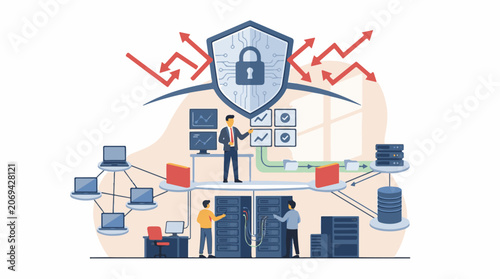 Illustration of a secure network system with a shield and lock protecting servers and computers