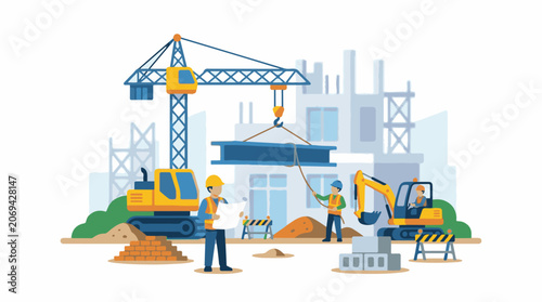 A construction site with workers crane and excavator (1)