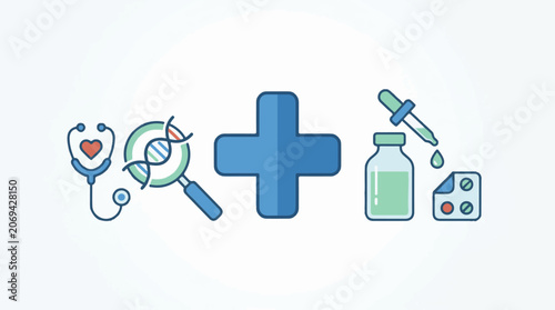 A medical symbol and various medical icons including a stethoscope magnifying glass DNA medical cross pill bottle and pills