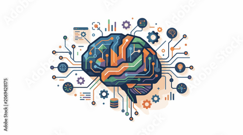 A colorful brain with circuit board elements and data visualization symbols