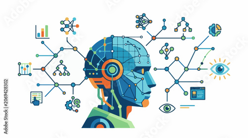 A futuristic robotic head with various colorful graphs charts and symbols