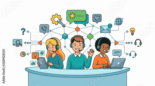 A colorful illustration of three customer support agents wearing headsets (1)