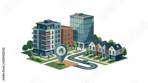 A stylized illustration of a neighborhood with diverse buildings and a map marker