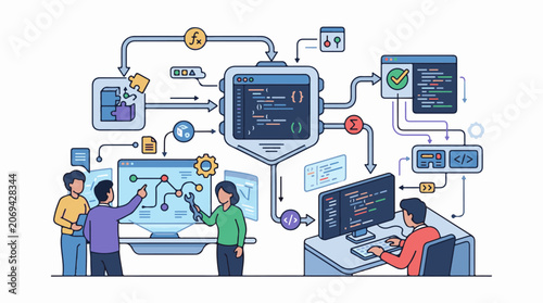 A stylized illustration depicting a group of people engaged in software development and coding