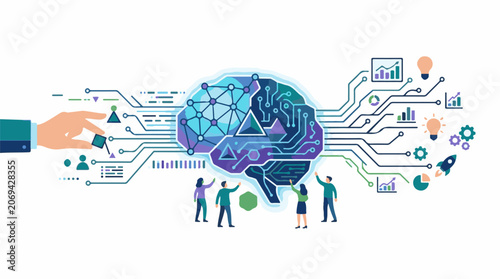 A colorful illustration of a brain with circuit board elements and people interacting