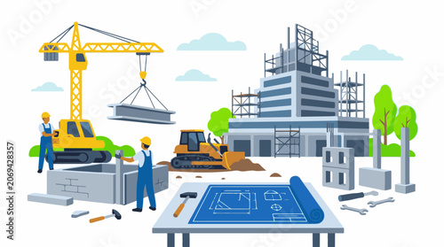 Construction site workers building structure amidst equipment and scaffolding