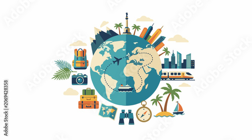 A colorful illustration of a globe surrounded by travel-related icons (1)
