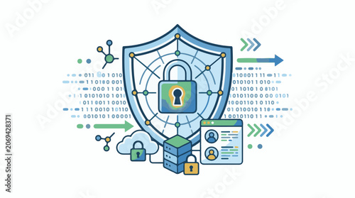A digital illustration of a shield with a keyhole surrounded by computer servers clouds and binary code