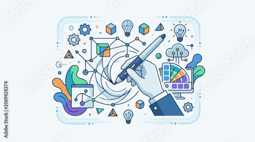 A hand holding a stylus amidst colorful design elements and technology symbols