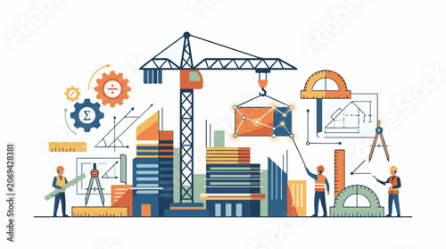 Industrial scene with workers and construction equipment