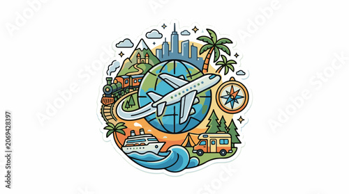 A vibrant illustration of a globe surrounded by various modes of transportation and landmarks