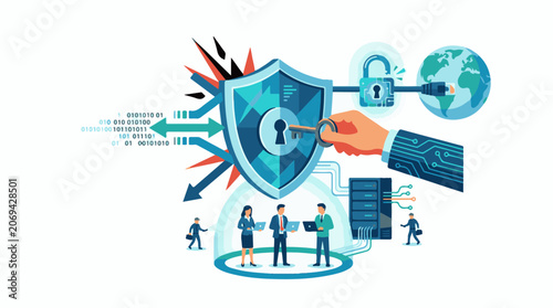 A shield with a keyhole and a hand inserting a key surrounded by people a server and a globe with a lock