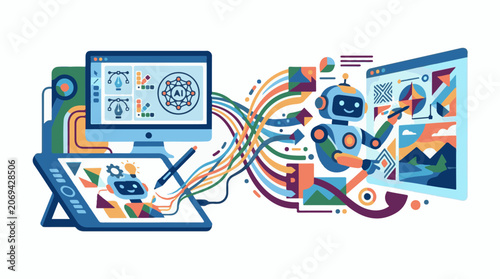 A colorful illustration showcasing various devices connected to a robot