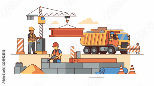 A construction scene with workers and heavy machinery