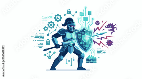 A knight in armor holds a shield and sword surrounded by cyber security symbols