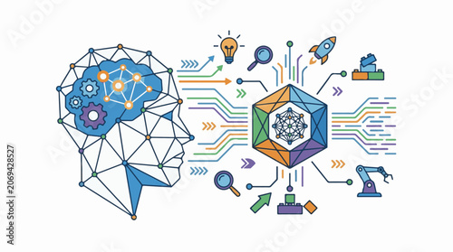 Colorful infographic of a human head with gears and a robotic cube