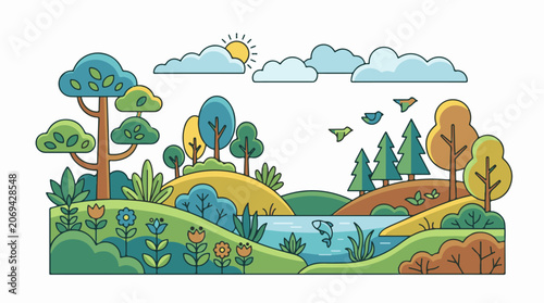 A colorful cartoon landscape with rolling hills trees flowers a river and a sunny sky