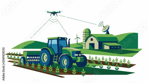 A green tractor seeds a field with a barn and drone nearby