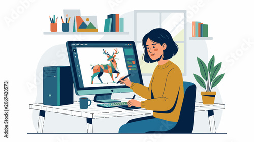 A woman creates digital art with a stylus on a computer