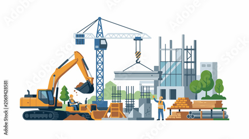 Construction site with excavator crane and workers