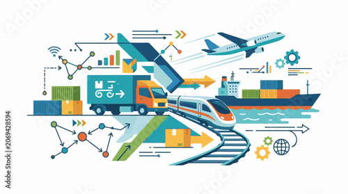 A vibrant infographic depicts various transportation modes and logistics elements