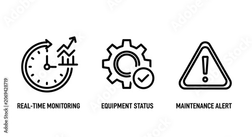 Industrial monitoring and maintenance icons set with monitoring maintenance equipment industrial production manufacturing performance efficiency management operation automation technical