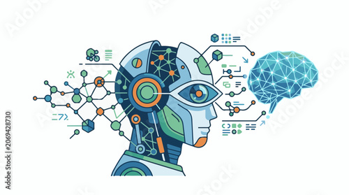 A futuristic robot head with a brain and circuit board