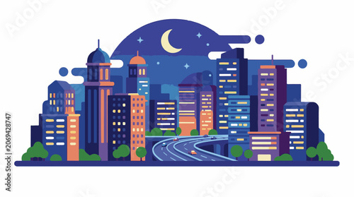 Colorful cityscape with buildings and road at night