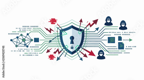A shield with a keyhole and lock is surrounded by circuits arrows and hackers