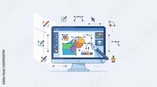 A computer monitor displays a colorful graph on its screen surrounded by various design tools
