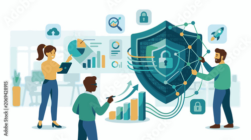 A large shield with a padlock surrounded by data visualization graphics and three workers