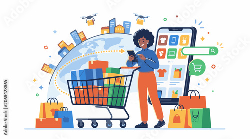 A woman using a phone while standing next to a shopping cart filled with boxes
