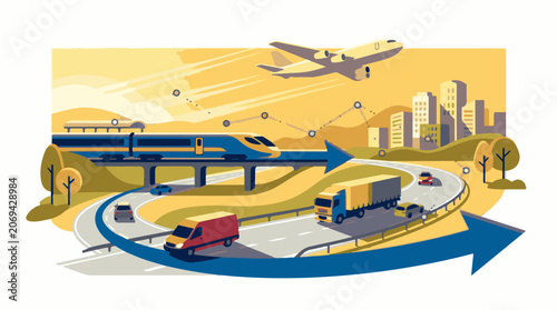 A stylized illustration of a cityscape with various modes of transportation