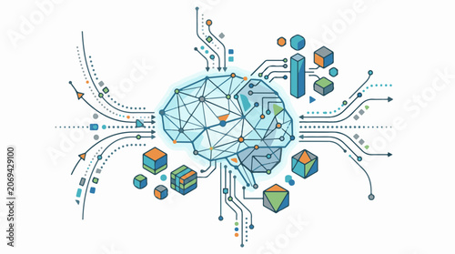 A stylized illustration of a brain composed of geometric shapes and lines