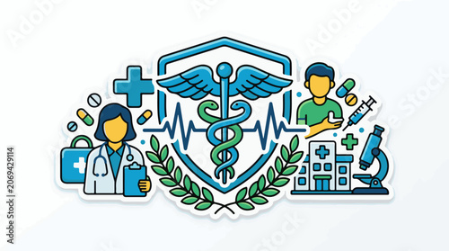 A medical logo with a shield caduceus and people