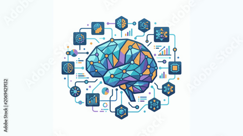 A colorful geometric brain surrounded by various icons and graphs on a white background