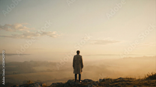 Solitary Person Overlooking Misty Forest Valley at Sunrise
