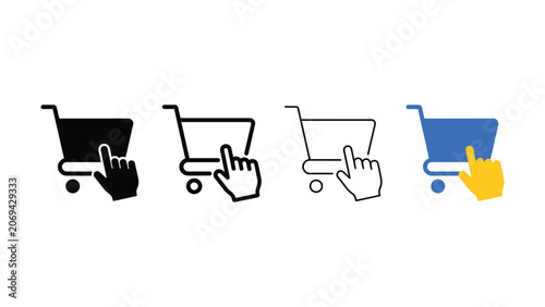 Set of four shopping cart icons with pointing hand cursors