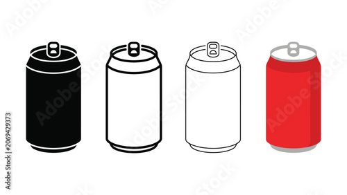 Set of four soda can icons in different graphic styles