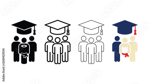 Set of graduation icons with people wearing caps and gowns