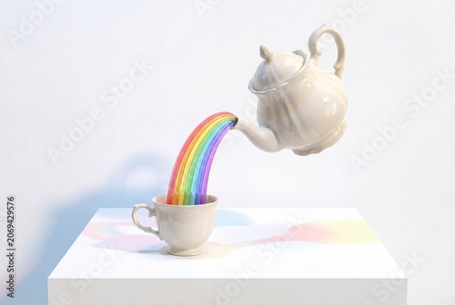 Surreal Teapot Pouring Solid Rainbow into a Cup